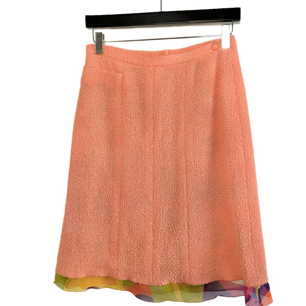Chanel 00T Coral Chiffon Accent Tweed Skirt